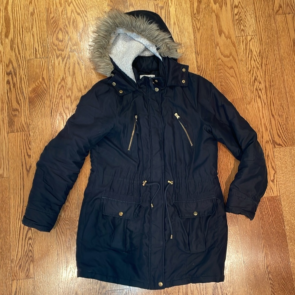 Women's Black Hooded Parka Coat with Faux-Fur Trim